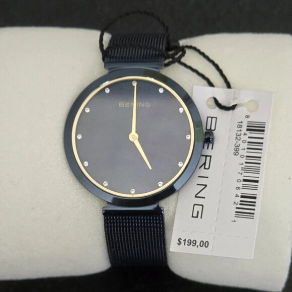 $199- Bering 18132-399 Classic Women's 32mm Crystal Accent Blue MOP Dial Watch - Picture 1 of 9